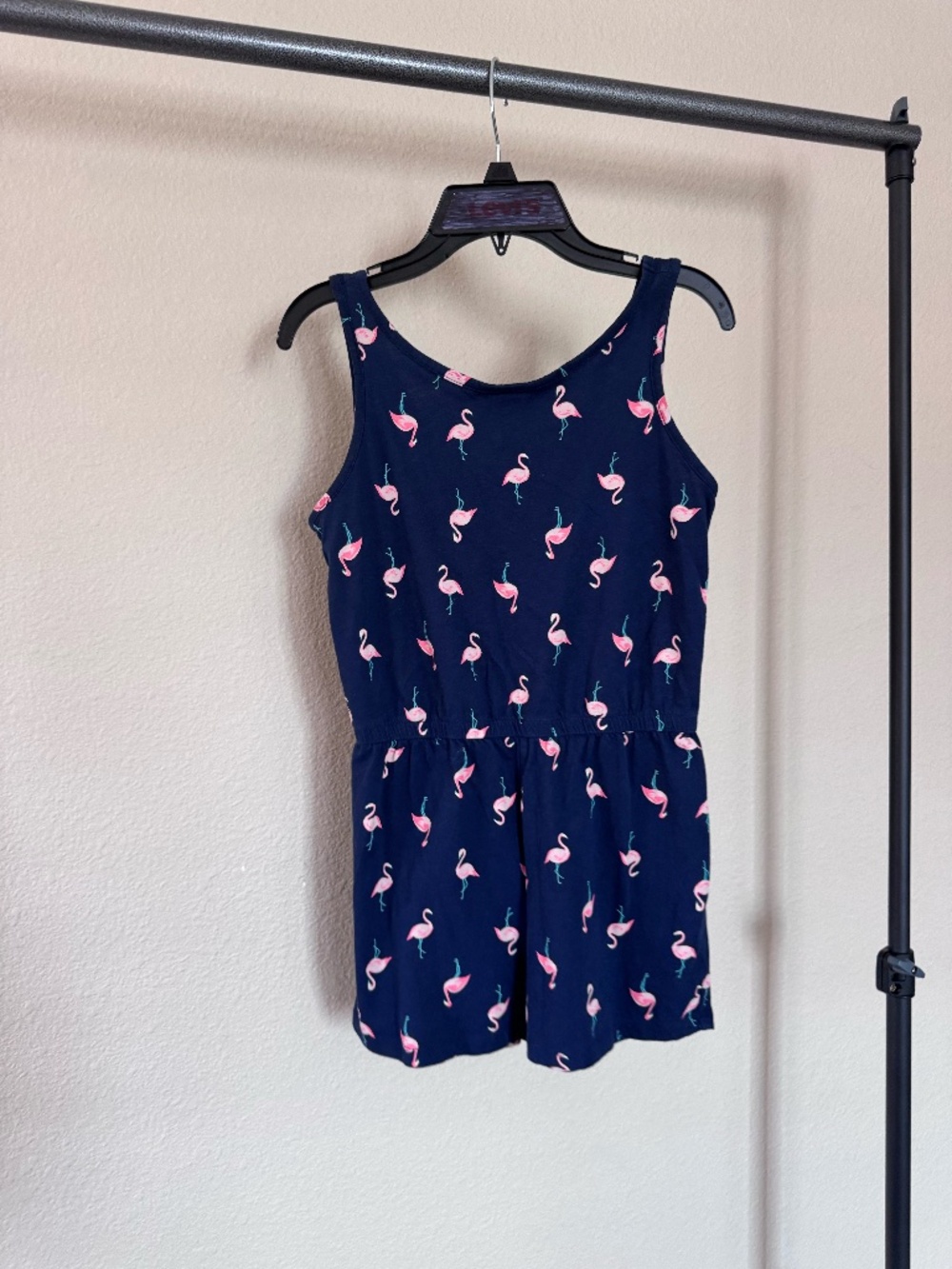 Navy blue flamingo printed short romper by Old Navy